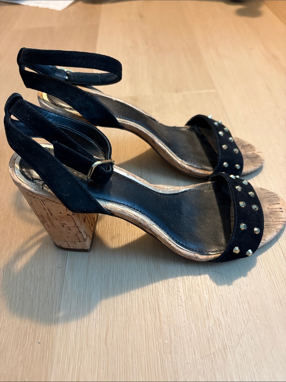 White House Black Market Black Suede Studded Cork Block Heel Sandals